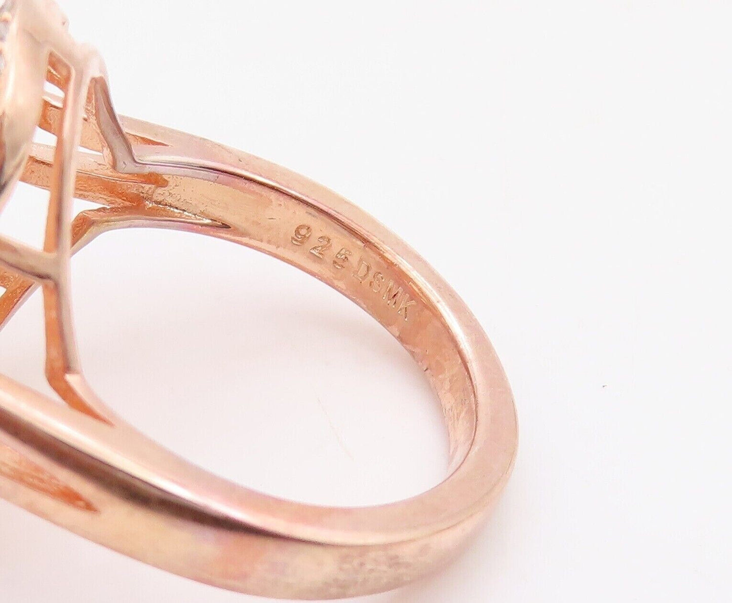 925 Sterling Silver Vintage Ring Rose Gold Plated Morganite & CZ  Sz 7.5 RG30076