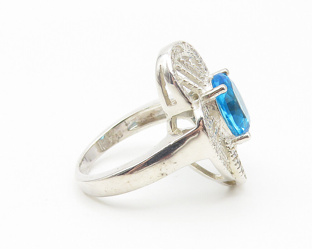 925 Sterling Silver  Blue Topaz Floral Filigree Cocktail Ring Sz 6  RG10866