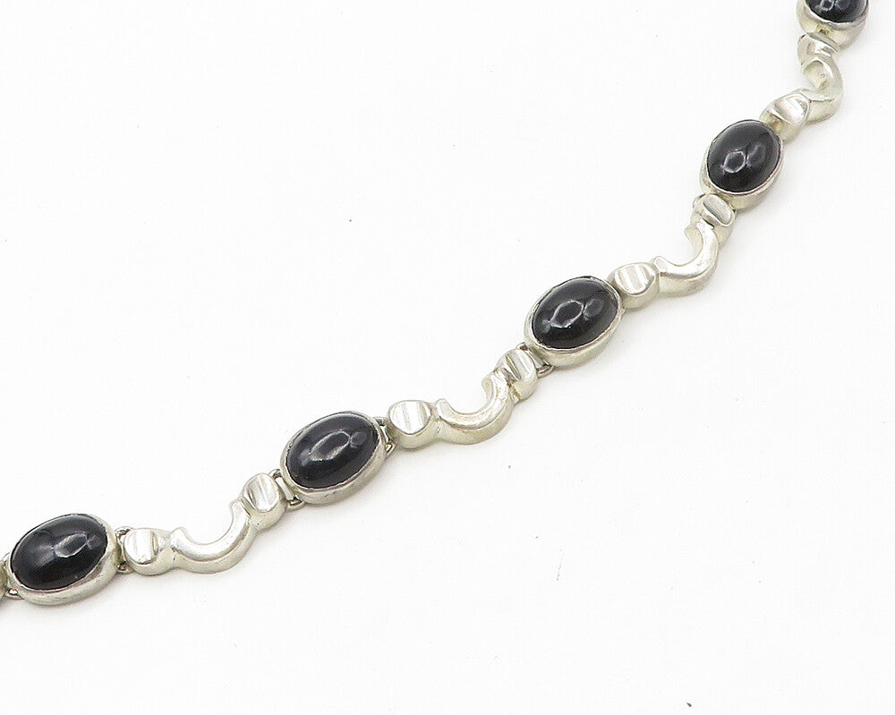 MEXICO 925 Silver  Vintage Heavy Cabochon Black Onyx Chain Necklace  NE2926