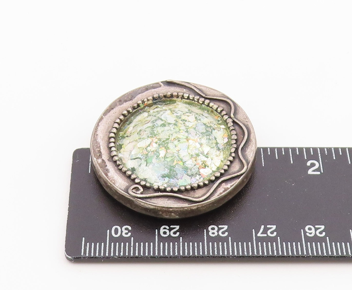 925 Sterling Silver Vintage Brooch Pin Roman Glass Geometric Circle  BP12585