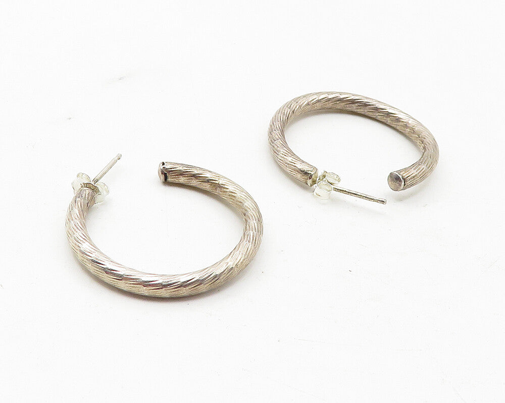 925 Sterling Silver  Vintage Shiny Etched Detail Round JHoop Earrings  EG6277