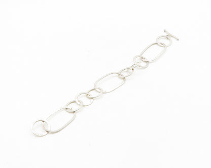 925 Sterling Silver  Vintage Shiny Textured Open Circle Chain Bracelet  BT7478
