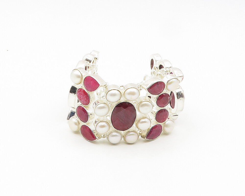 925 Sterling Silver  Freshwater Pearls & Tear Drop Ruby Chain Bracelet  BT7652