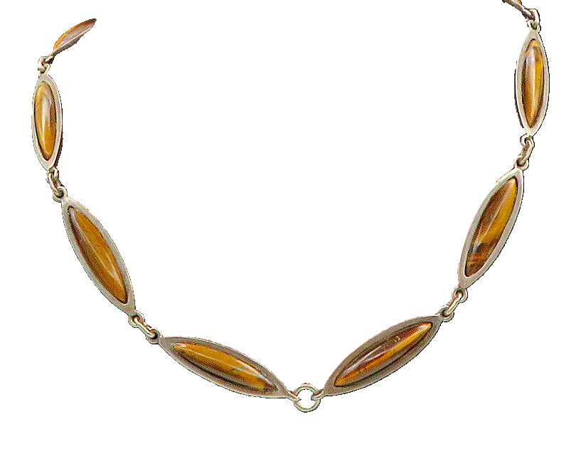 MEXICO 925 Sterling Silver Vintage Tiger's Eye Needlepoint Link Necklace  NE3850