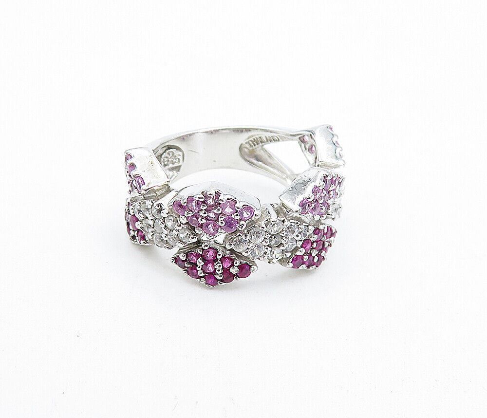 925 Sterling Silver  Pink & White Topaz Patterned Split Band Ring Sz 6  RG5091