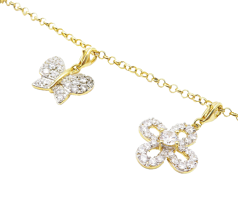 925 Sterling Silver  Cubic Zirconia Gold Plated Floral Charm Bracelet  BT3700