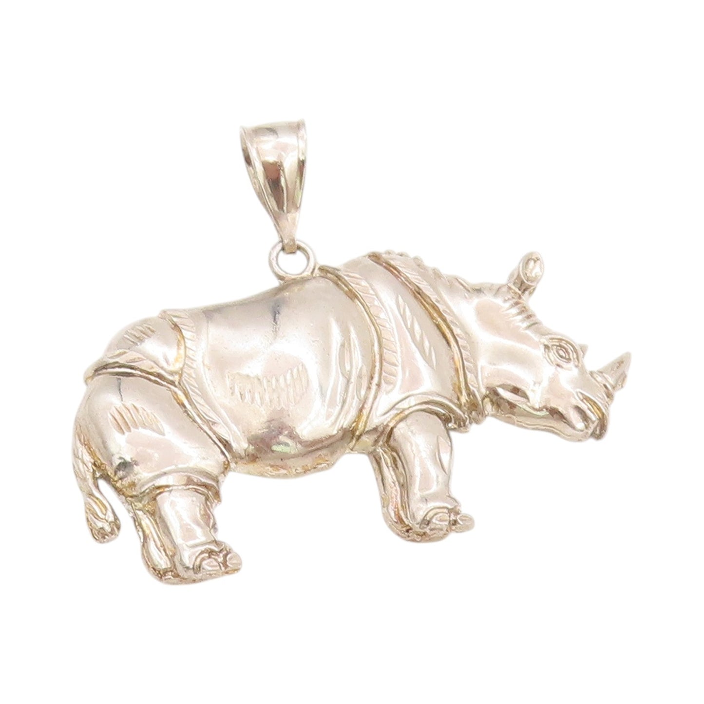 925 Sterling Silver Vintage Pendant Large One Horn Rhinoceros Carved  PT24639