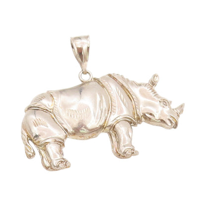 925 Sterling Silver Vintage Pendant Large One Horn Rhinoceros Carved  PT24639
