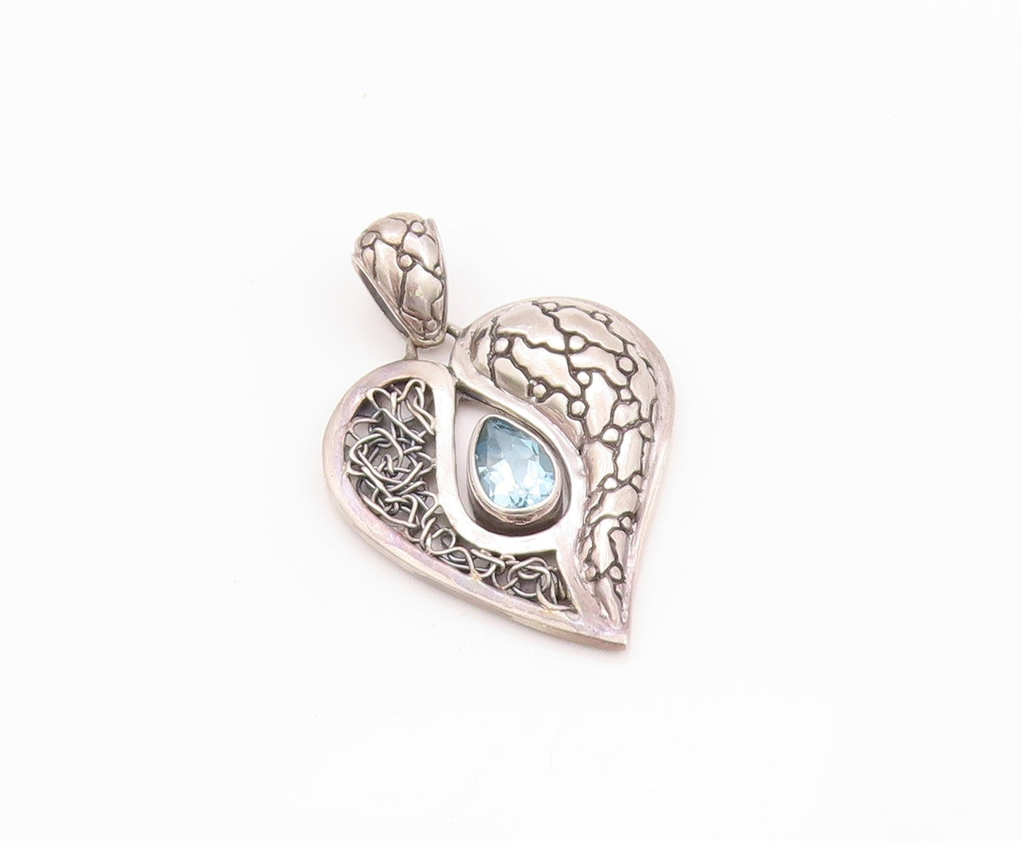 925 Sterling Silver Vintage Pendant Drop Cut Blue Topaz Carved Heart  PT24009