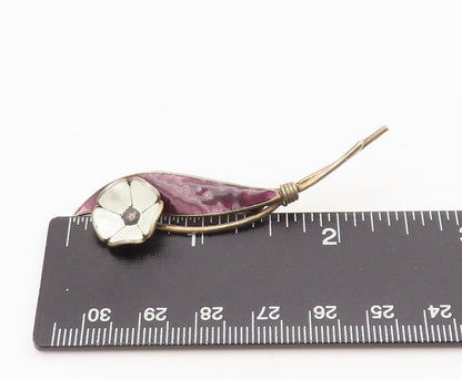 NORWAY 925 Silver  Vintage Solid White Flower Purple Leaf Brooch Pin  BP10491