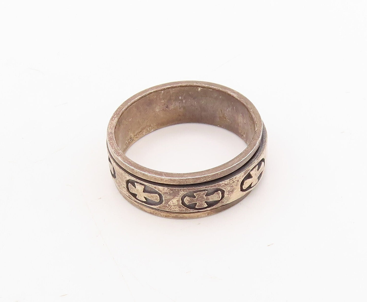 925 Sterling Silver Vintage Ring Dark Tone Solid '+' Carved  Sz 13.5  RG31157