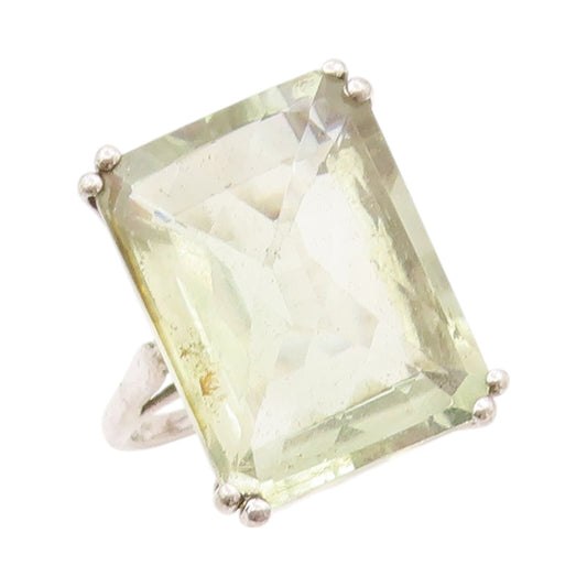 925 Sterling Silver Vintage Ring Rectangle Cut Green Amethyst  Sz 8  RG31888