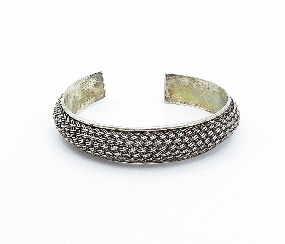 925 Sterling Silver  Vintage Dark Tone Basket Weave Cuff Bracelet  BT1428