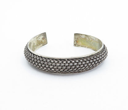 925 Sterling Silver  Vintage Dark Tone Basket Weave Cuff Bracelet  BT1428