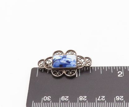 925 Sterling Silver Vintage Brooch Pin Filigree Work & Landscape Photo  BP10607