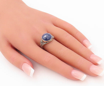 925 Sterling Silver Vintage Ring Bead Carved Round Cut Gemstone Sz 8  RG30205