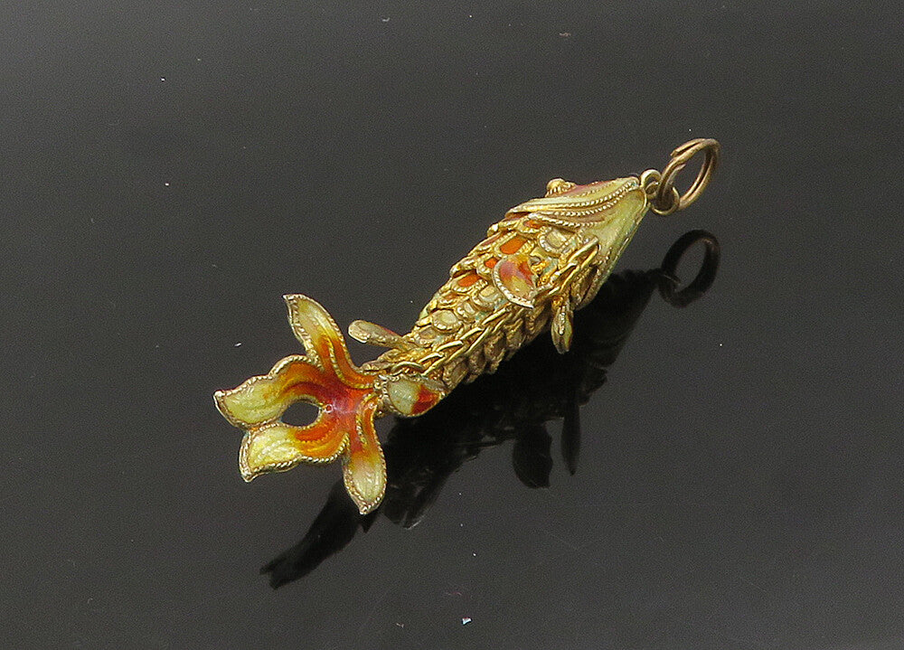 925 Sterling Silver  Vintage Enamel Hollow Koi Fish Pendant (MOVES)   PT17595