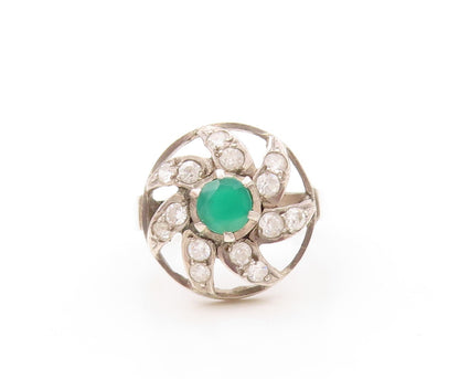 925 Sterling Silver Vintage Ring Cutout Jade & Topaz Flower  SZ 9  RG32087