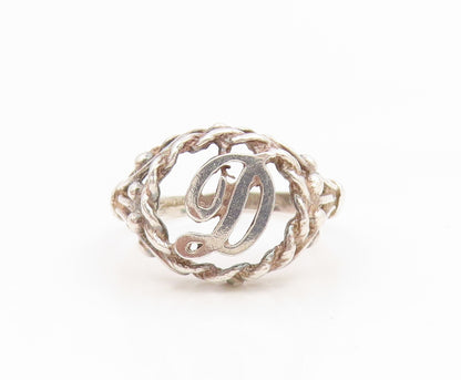925 Sterling Silver Vintage Ring Letter D Initial Twisted Rope Band Sz 6 RG35298