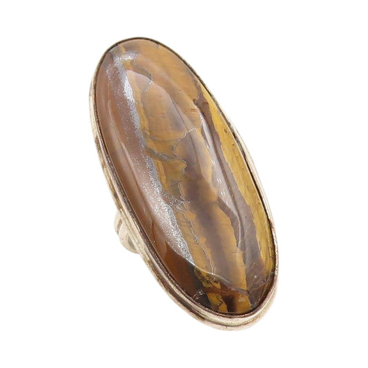 925 Sterling Silver Vintage Ring Modernist Large Oval Tiger's Eye Sz 9.5 RG31738