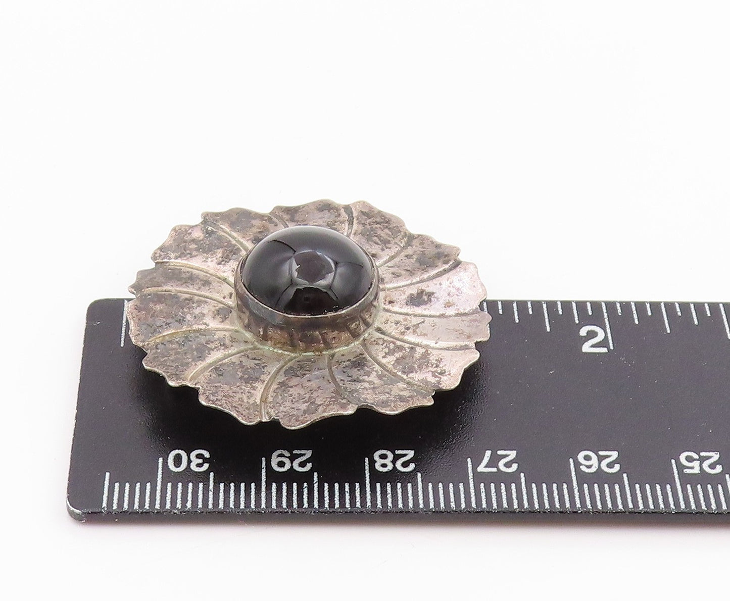 925 Sterling Silver Vintage Brooch Pin Cabochon Onyx Floral Sunburst  BP12517