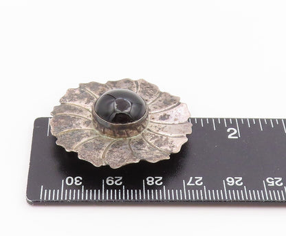 925 Sterling Silver Vintage Brooch Pin Cabochon Onyx Floral Sunburst  BP12517