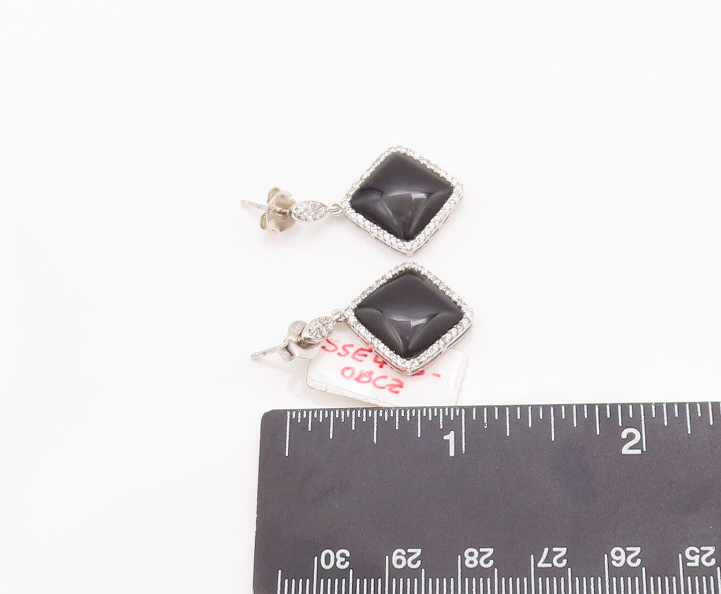925 Sterling Silver Vintage Earrings Square Cabochon Onyx & CZ Frame  EG12959