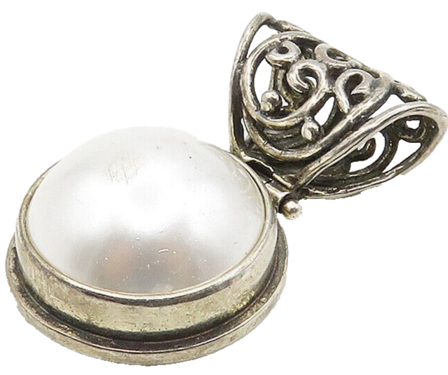 925 Sterling Silver  Vintage Pearl Dome Open Swirl Bail Pendant  PT12341