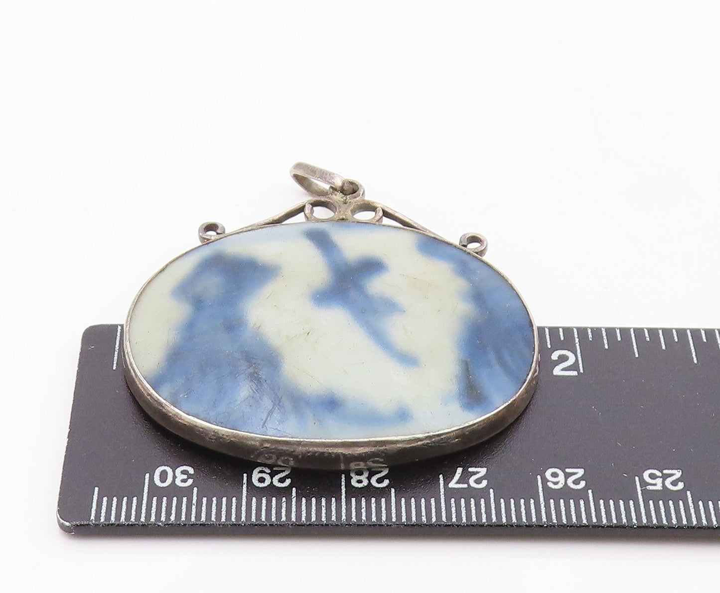 925 Sterling Silver  Vintage Chinese Ceramic Art Dark Tone Pendant  PT13380