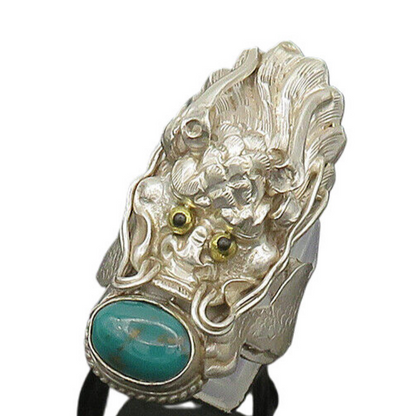 925 Silver  Vintage Turquoise & Black Onyx Dragon Head Ring Sz 9  RG20051