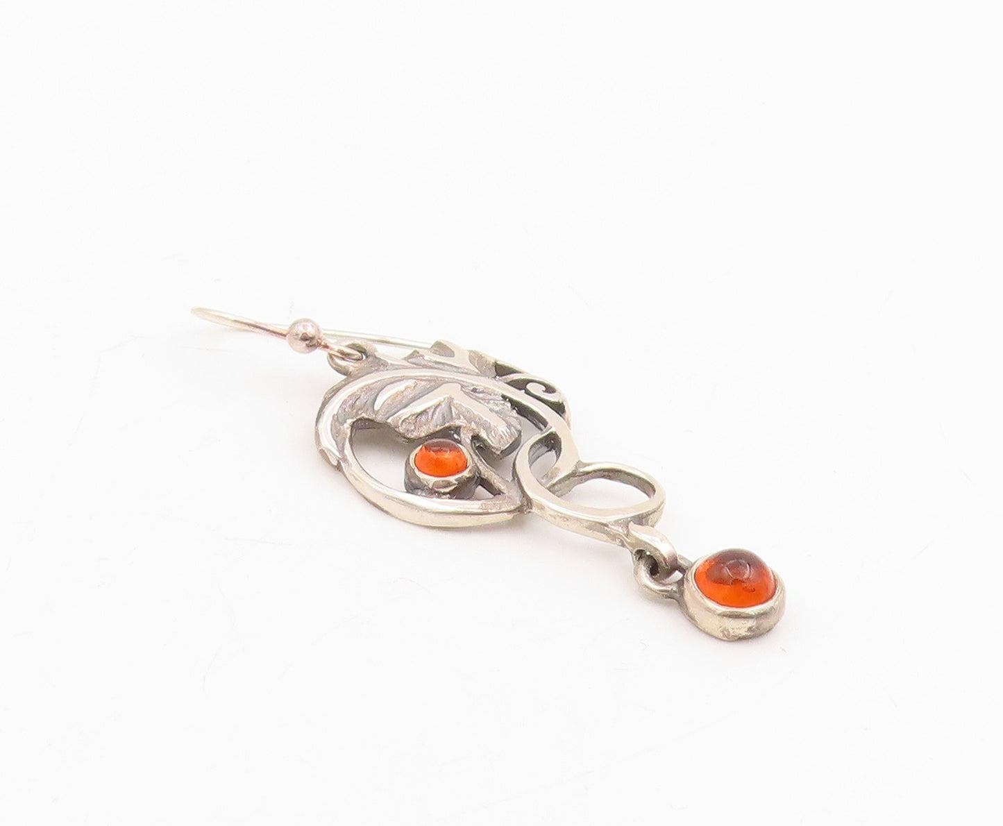 925 Sterling Silver Vintage Earrings Cabochon Amber Floral Leaf Motif  EG14076