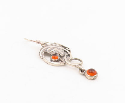 925 Sterling Silver Vintage Earrings Cabochon Amber Floral Leaf Motif  EG14076