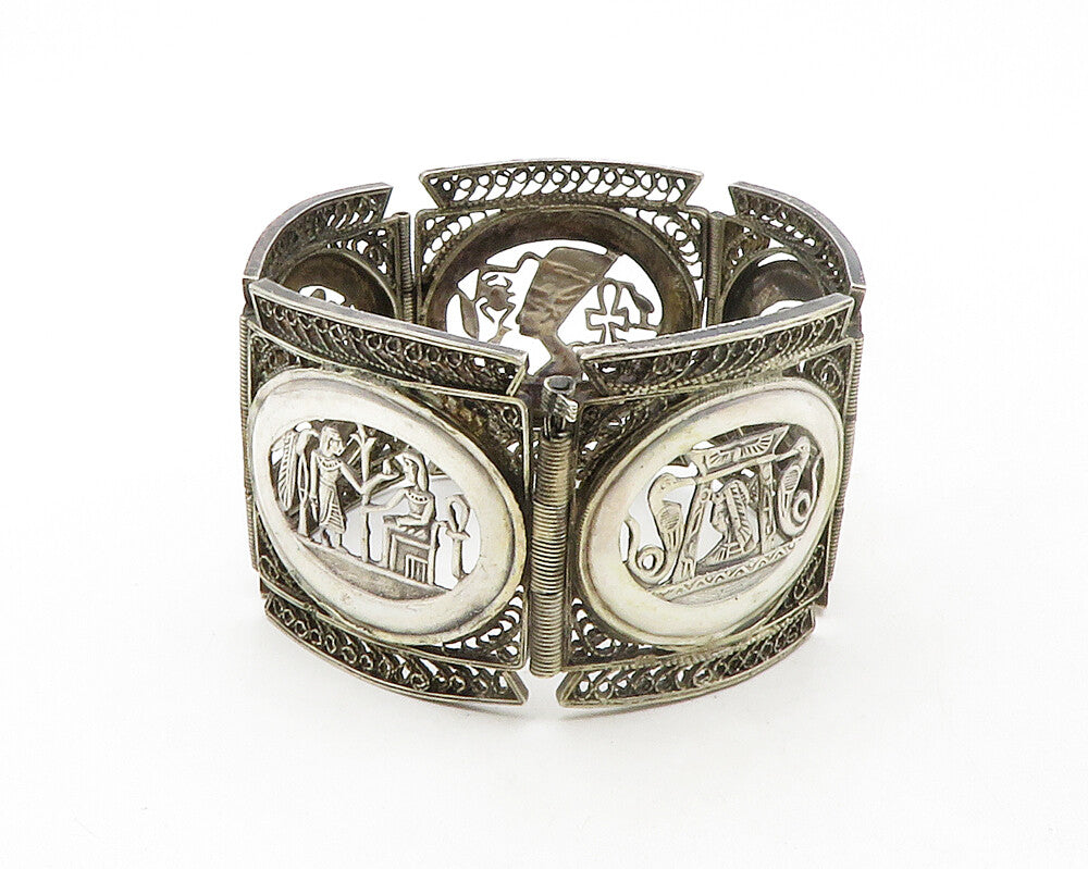925 Sterling Silver  Vintage Antique Filigree Panel Chain Bracelet  BT4868
