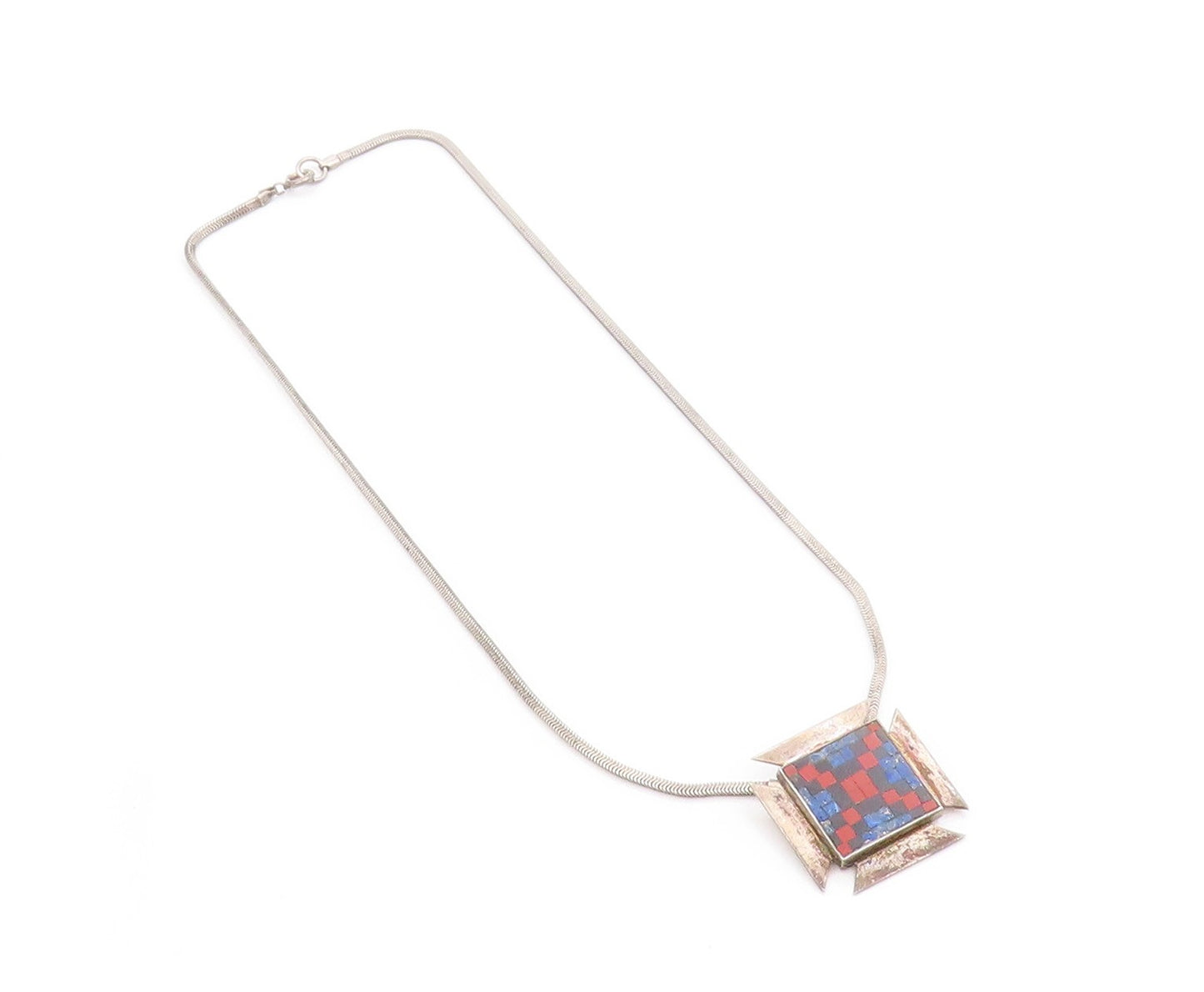 925 Sterling Silver Vintage Necklace Lapis Lazuli Inlay Checker Board   NE4669