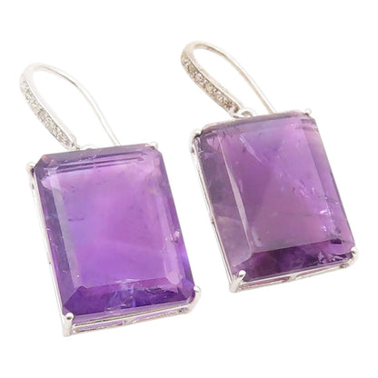 925 Sterling Silver Vintage Earrings Real Diamonds & Amethyst Dangle  EG14346