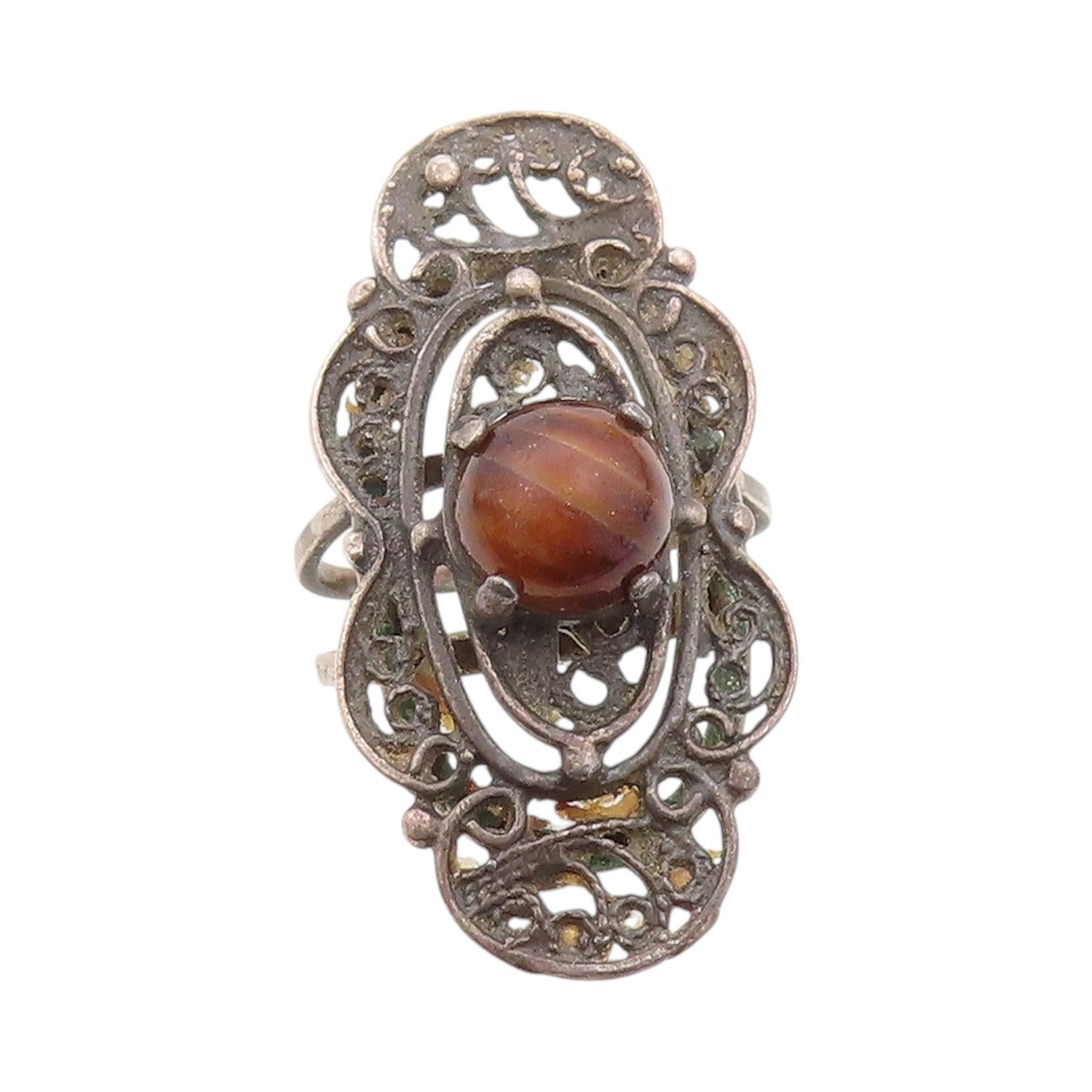 925 Sterling Silver Vintage Ring Dark Tone Swirls Cutout Gemstone Sz 6  RG32838