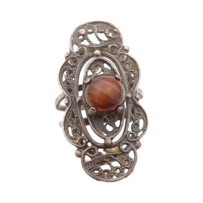 925 Sterling Silver Vintage Ring Dark Tone Swirls Cutout Gemstone Sz 6  RG32838