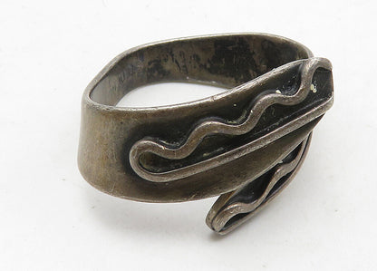 925 Sterling Silver  Vintage Oxidized Swirl Detail Bypass Ring Sz 9  RG10498