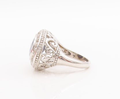 925 Sterling Silver Vintage Ring Oval Cut Sapphire Topaz Carved  Sz 7  RG29265