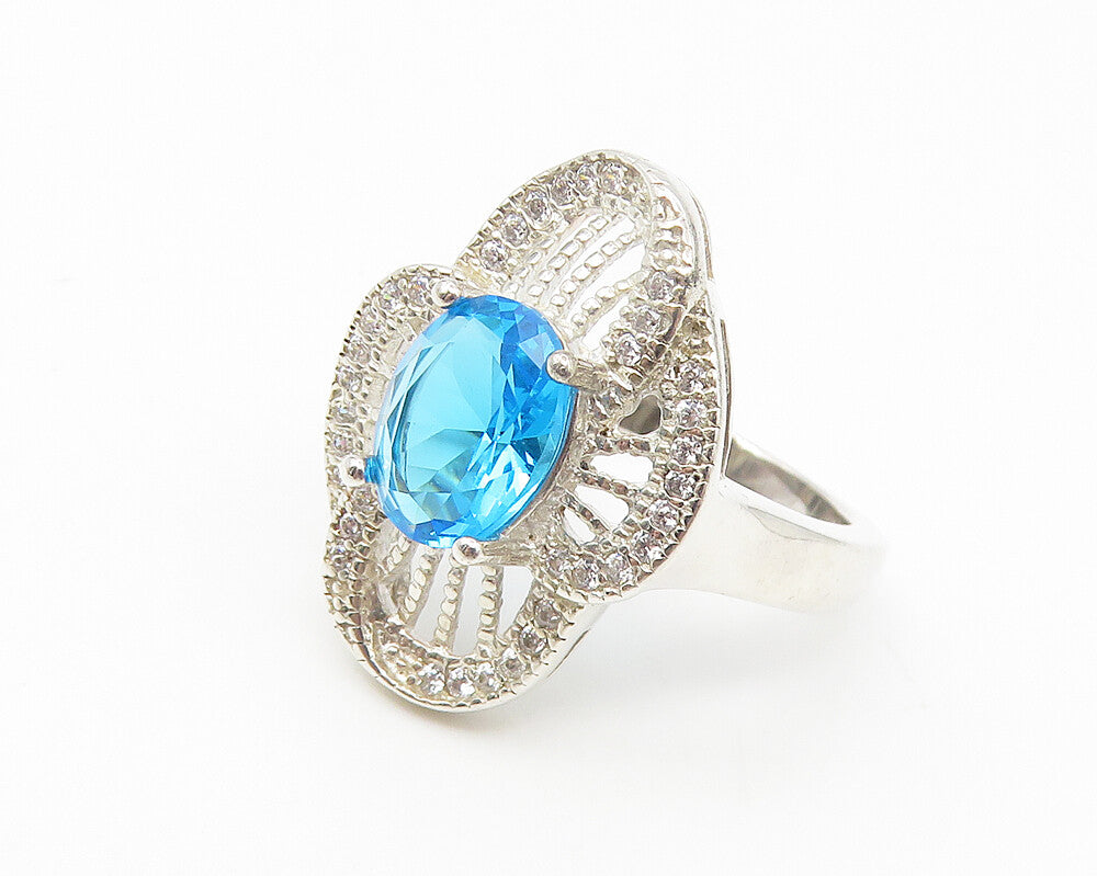 925 Sterling Silver  Blue Topaz Floral Filigree Cocktail Ring Sz 6  RG10866