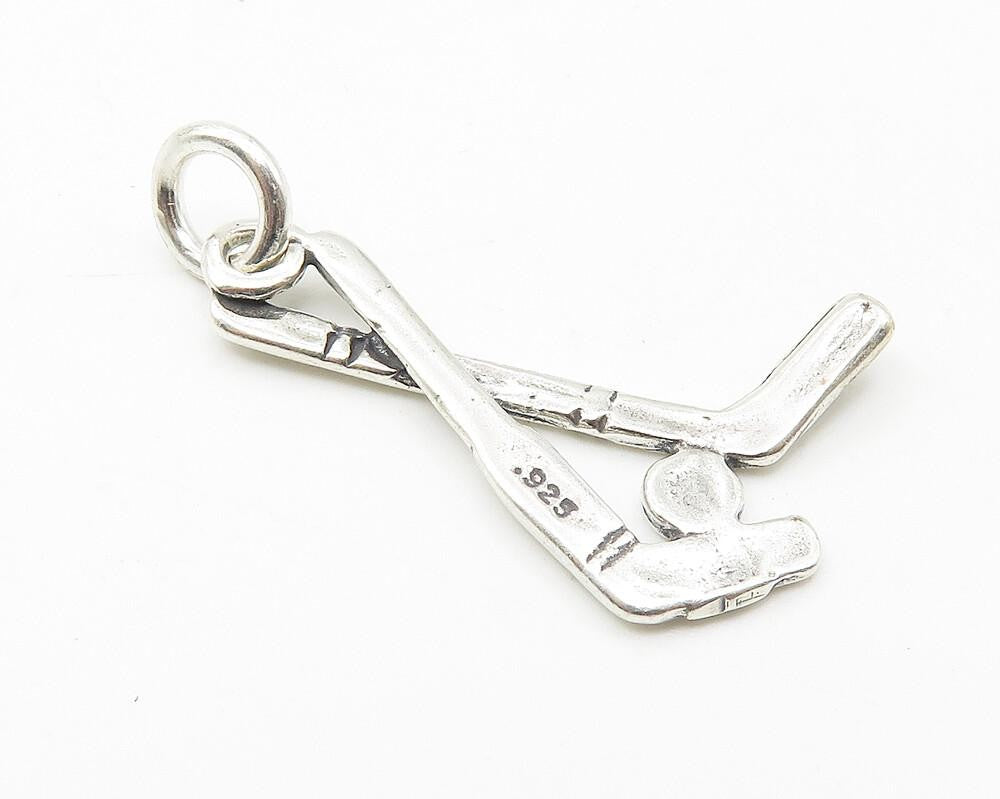 925 Sterling Silver  Vintage Petite Shiny Hockey Sticks & Puck Pendant  PT8448