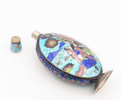 Solid Silver Vintage Enamel Painted Royal Lovers in Garden Flask TR3647