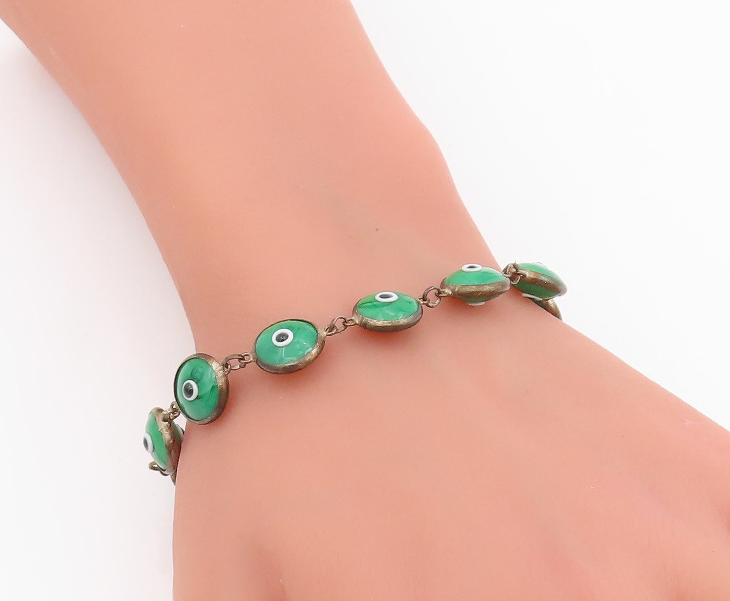 925 Sterling Silver Vintage Bracelet Green Evil Eye Design Link Chain  BT11556