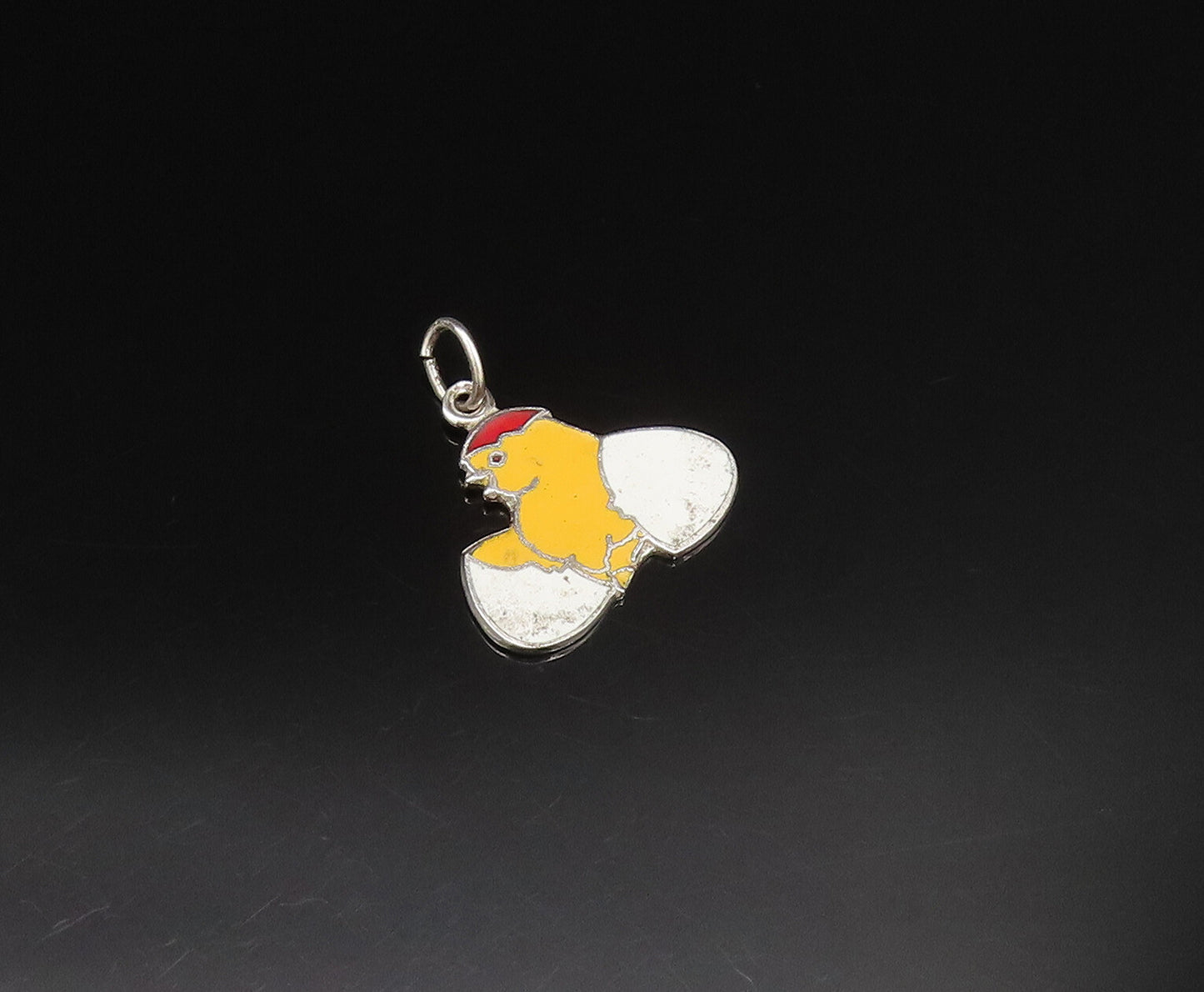 925 Sterling Silver  Vintage Enamel Chick Hatching From Egg Pendant  PT21213