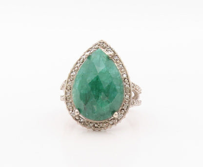 925 Sterling Silver Vintage Ring Green Gemstone Halo Diamonds  Sz 7  RG29950