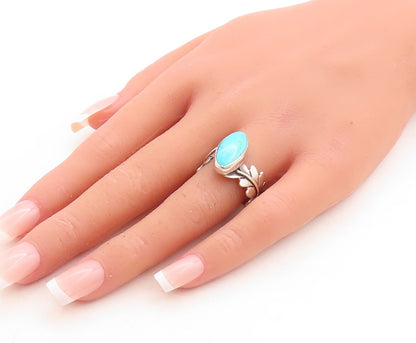 925 Sterling Silver Vintage Ring Cutout Leaf Band Oval Turquoise  Sz 8.5 RG31633