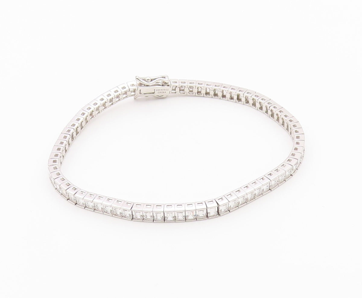 925 Sterling Silver  Vintage Cubic Zirconia Box Link Tennis Bracelet  BT8843