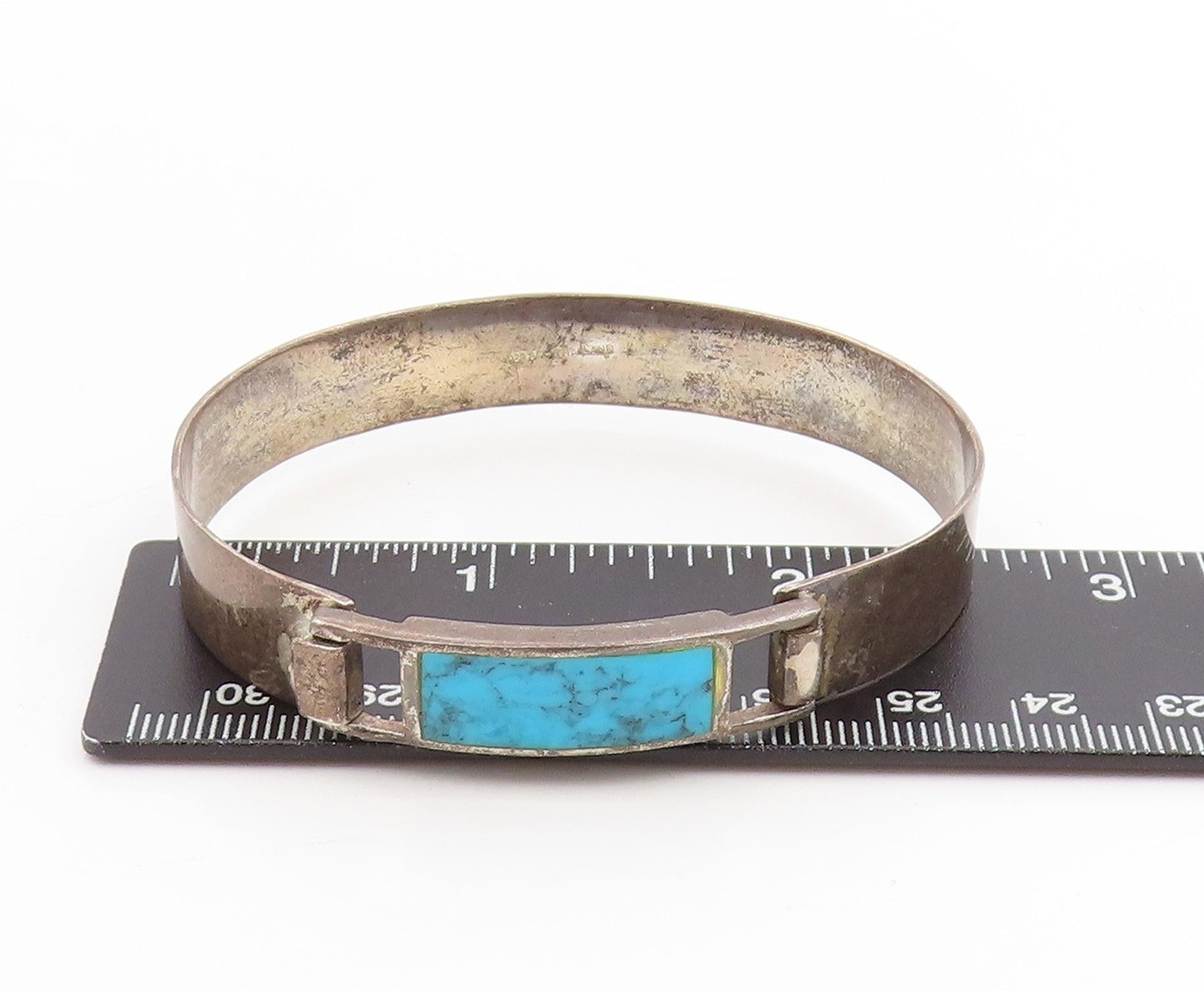 925 Sterling Silver Vintage Bracelet Rectangular Turquoise Inlay Bangle  BT11456