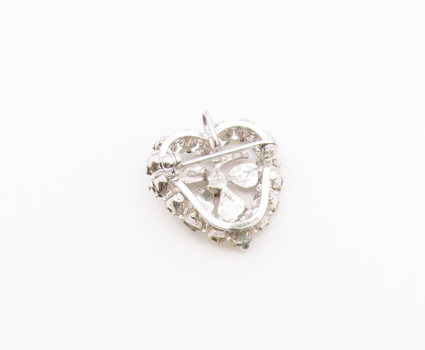 CARL ART 925 Silver  Vintage Cubic Zirconia Clover Heart Brooch Pin  BP7980