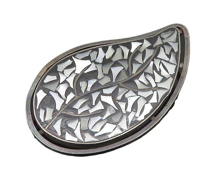 ISRAEL 925 Silver  Vintage Mother Of Pearl Mosaic Leaf Brooch Pin  BP8995